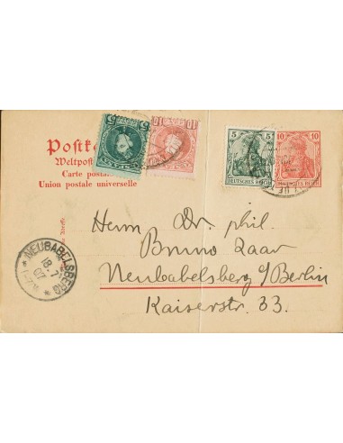 Franqueo Mixto. Sobre 242, 243. 1907. 5 cts verde y 10 cts rojo sobre Tarjeta (alemana) Entero Postal de SANTA CRUZ DE TENERIF