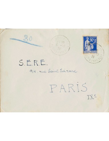 Guerra Civil. Campo de Refugiados. Sobre . 1939. 90 cts azul de Francia, con sobrecarga F. GURS a PARIS (ligeramente tonalizad