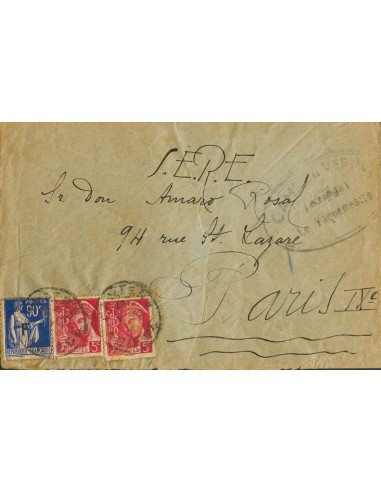 Guerra Civil. Campo de Refugiados. Sobre . 1939. 90 cts azul con sobrecarga "F" y 5 cts lila, dos sellos, ambos de Francia. LE