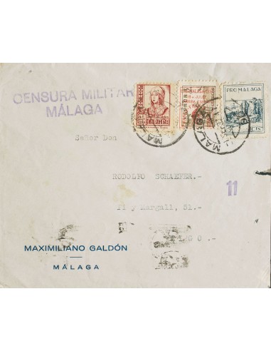 Emisión Local Patriótica. Sobre 41. 1937. 25 cts, 5 cts Emisión Local Patriótica de MALAGA y 5 cts, sello local MALAGA. MALAGA