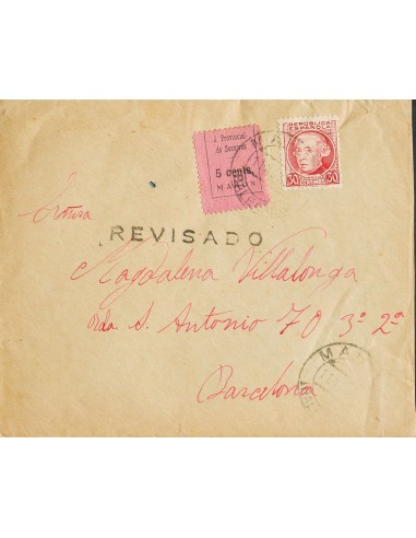 Guerra Civil. Locales. Sobre 687. 1936. 30 cts carmín y 5 cts rosa (Tipo I) Local de JUNTA PROVINCIAL DE SOCORROS / MAHON. MAH