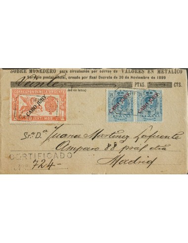 Cabo Juby. Sobre 11(2), 18. 1920. 25 cts azul, pareja y 20 cts rojo. Frente de Sobre-Monedero Certificado de CABO JUBY a MADRI