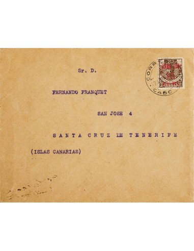 Cabo Juby. Sobre 3. 1916. 15 cts sobre 50 cts castaño. Carta Filatélica de CABO JUBY a SANTA CRUZ DE TENERIFE. Al dorso llegad