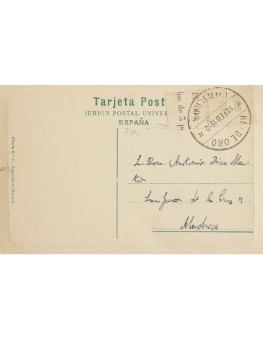 Río de Oro. Sobre 56MP. 1910. 10 cts verde sobre borde de hoja. Tarjeta Postal de RIO DE ORO a MADRID. Matasello RIO DE ORO /