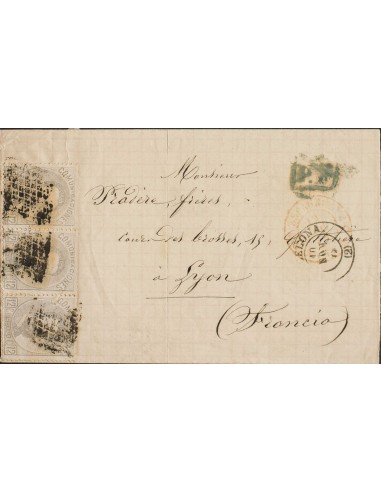 Amadeo I. Sobre 122(3). 1872. 12 cts lila gris, tira de tres. BARCELONA a LYON (FRANCIA). Franqueada con la tarifa de 36 cts a