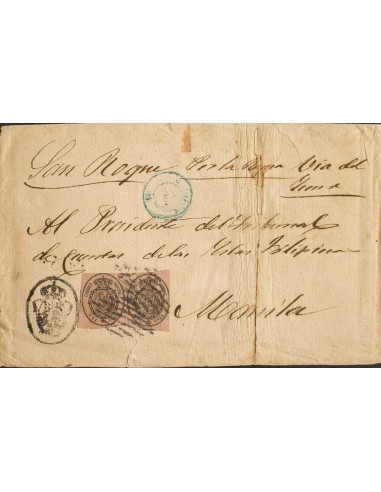 Isabel II. Periodo Sin Dentar. Sobre 36(2). 1855. 1 onza negro sobre rosa, dos sellos. MADRID a MANILA (FILIPINAS) (alguna ero