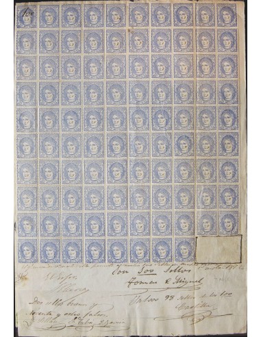 Falso Postal. Sobre 107F(98). 1872. 50 mils ultramar FALSO POSTAL TIPO IX, noventa y ocho sellos adheridos sobre expediente co
