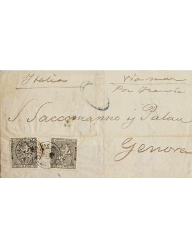 I República. Sobre 134(2). 1873. 20 cts negro, dos sellos. ARENYS DE MAR (BARCELONA) a GENOVA (ITALIA). Matasello ARENYS DE MA