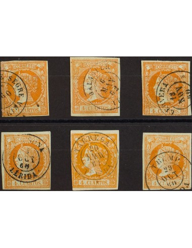 Cataluña. Filatelia. º52(6). 1860. Conjunto de seis sellos del 4 cuartos amarillo inutilizados con los fechadores de la provin