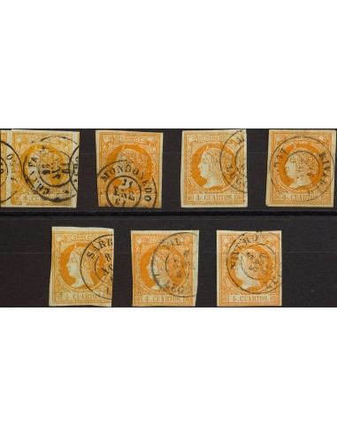 Galicia. Filatelia. º52(7). 1860. Conjunto de siete sellos del 4 cuartos amarillo inutilizados con los fechadores de la provin