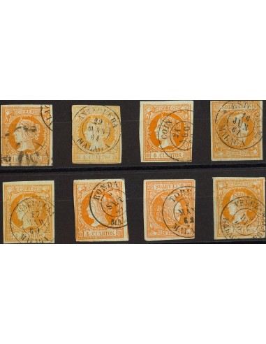 Andalucía. Filatelia. º52(8). 1860. Conjunto de ocho sellos del 4 cuartos amarillo inutilizados con los fechadores de la provi