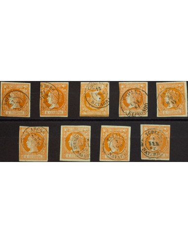 Navarra. Filatelia. º52(9). 1860. Conjunto de nueve sellos del 4 cuartos amarillo inutilizados con los fechadores de la provin