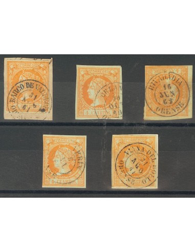 Galicia. Filatelia. º52(5). 1860. Conjunto de cinco sellos del 4 cuartos amarillo inutilizados con los fechadores de la provin
