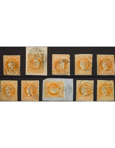 Asturias. Filatelia. º52(10). 1860. Conjunto de diez sellos del 4 cuartos amarillo inutilizados con los fechadores de la provi
