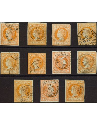 Cantabria. Filatelia. º52(11). 1860. Conjunto de once sellos del 4 cuartos amarillo inutilizados con los fechadores de la prov