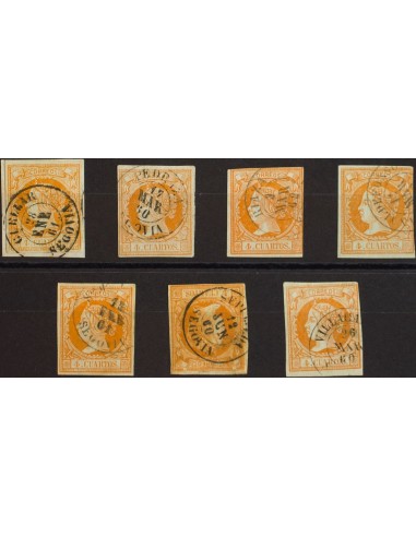 Castilla y León. Filatelia. º52(7). 1860. Conjunto de siete sellos del 4 cuartos amarillo inutilizados con los fechadores de l