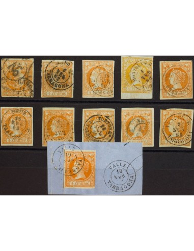 Cataluña. Filatelia. º52(11). 1860. Conjunto de once sellos del 4 cuartos amarillo inutilizados con los fechadores de la provi