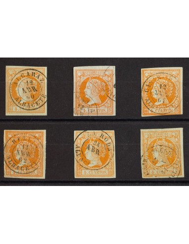 Castilla-La Mancha. Filatelia. º52(6). 1860. Conjunto de seis sellos del 4 cuartos amarillo inutilizados con los fechadores de
