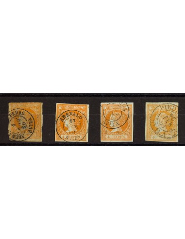 Castilla y León. Filatelia. º52(4). 1860. Conjunto de cuatro sellos del 4 cuartos amarillo inutilizados con los fechadores de