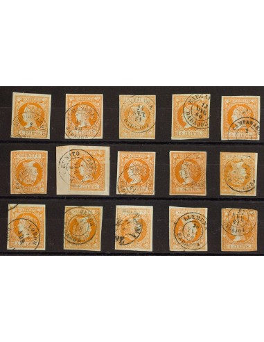 Extremadura. Filatelia. º52(22). 1860. Conjunto de veintidós sellos del 4 cuartos amarillo inutilizados con los fechadores de