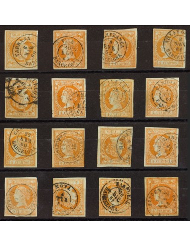 Cataluña. Filatelia. º52(16). 1860. Conjunto de dieciseis sellos del 4 cuartos amarillo inutilizados con los fechadores de la