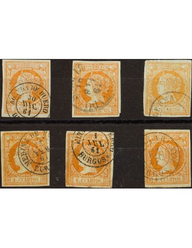 Castilla y León. Filatelia. º52(6). 1860. Conjunto de seis sellos del 4 cuartos amarillo inutilizados con los fechadores de la