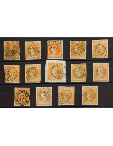 Andalucía. Filatelia. º52(14). 1860. Conjunto de catorce sellos del 4 cuartos amarillo inutilizados con los fechadores de la p