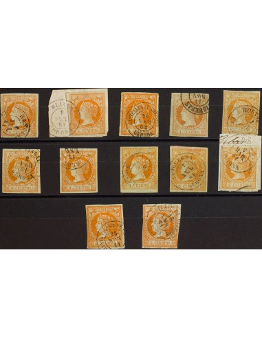 Cataluña. Filatelia. º52(12). 1860. Conjunto de doce sellos del 4 cuartos amarillo inutilizados con los fechadores de la provi