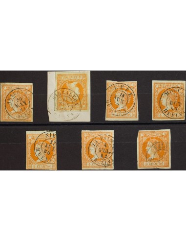 Andalucía. Filatelia. º52(7). 1860. Conjunto de siete sellos del 4 cuartos amarillo inutilizados con los fechadores de la prov