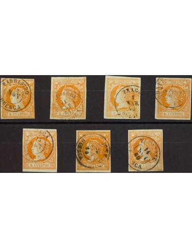 Aragón. Filatelia. º52(7). 1860. Conjunto de siete sellos del 4 cuartos amarillo inutilizados con los fechadores de la provinc
