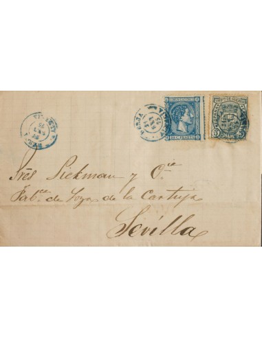 Andalucía. Historia Postal. Sobre 164, 154. 1875. 10 cts azul y 5 cts verde de Impuesto de Guerra. BERJA (ALMERIA) a SEVILLA.