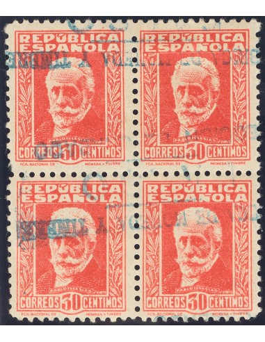 Falso Postal. º669F(4). 1932. 30 cts carmín, bloque de cuatro. FALSO POSTAL TIPO II, inutilizado con la marca FABRICA DE MONED