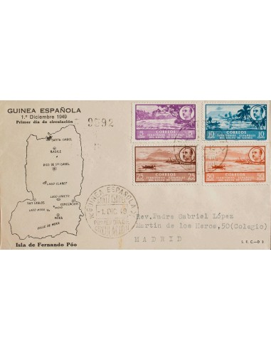 Guinea. Sobre 278, 279, 281, 285. 1949. 5 cts lila, 10 cts azul, 25 cts castaño y 50 cts castaño naranja. Sobre Primer Día de