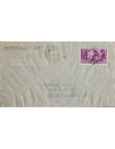Sahara. Sobre 865. 1950. 5 pts violeta. Certificado de VILLACISNEROS a NUEVA YORK (USA). Al dorso llegada. MAGNIFICA.