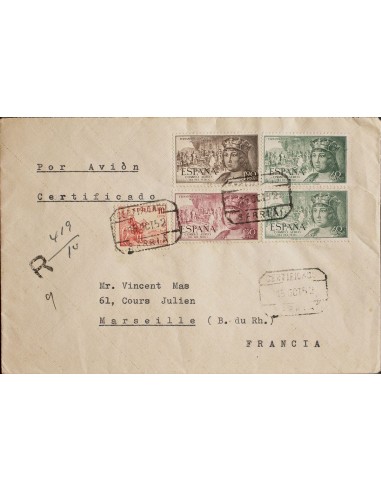2º Centenario anterior a 1960. Sobre 1111(2), 1113, 1114. 1952. 60 cts verde, dos sellos, 1´30 cts lila rosa y 1´90 pts castañ