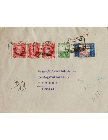 República Española Correo Certificado. Sobre 682, 687(3). 1936. 10 cts verde amarillo, 30 cts carmín, tres sellos y 5 cts de B
