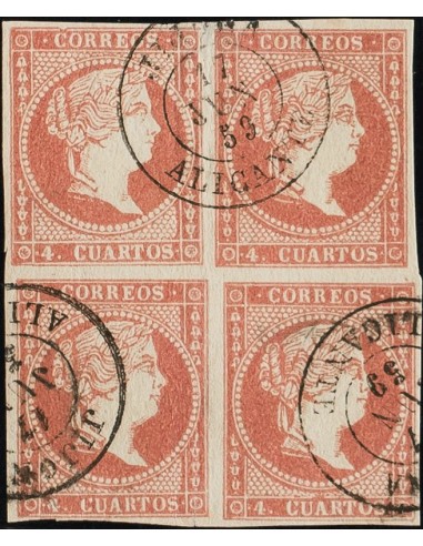 Comunidad Valenciana. Filatelia. º48(4). 1855. 4 cuartos rojo, bloque de cuatro. Matasello JIJONA / ALICANTE. MAGNIFICO.