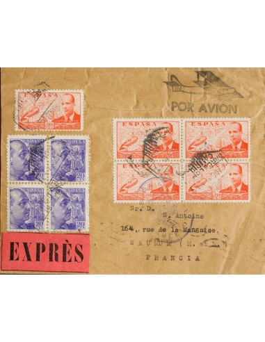 Estado Español Correo Aéreo. Sobre 867(4), 880(5). 1939. 20 cts violeta, bloque de cuatro y 20 cts naranja, cinco sellos. Corr