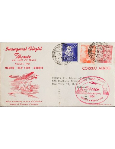 2º Centenario Correo Aéreo. Sobre 1074, 1054, 1058. 1954. 20 cts violeta, 60 cts naranja y 4 pts rosa. MADRID a NUEVA YORK (U.