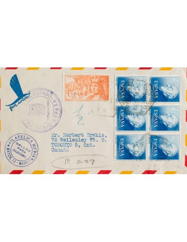 2º Centenario Correo Aéreo. Sobre 1119(6), 1112. 1953. 2 pts azul, bloque de seis y 90 cts naranja. Certificado de MADRID a TO