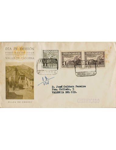 Andorra. Sobre 59(2), 45. 1951. 1 pts violeta, dos sellos (manchitas del tiempo en un sello) y 2 cts oliva. Certificado de AND