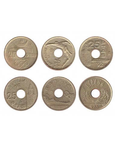 Lote de 6 monedas de España de 25 pesetas años 1990, 91, 92, 92, 93 y 94.