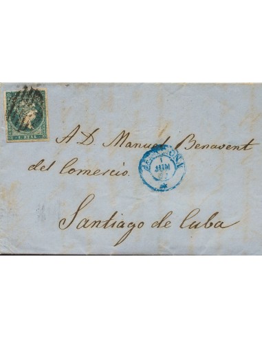 Cuba. Sobre 45. 1857. 1 real azul verdoso (sello para la península con las lineas cruzadas rarísimo en carta). BARCELONA a SAN
