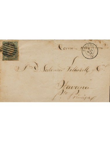 Cuba. Sobre 45. 1858. (3 de Mayo). 1 real azul verdoso (sello para la península con las lineas cruzadas rarísimo en carta). LA