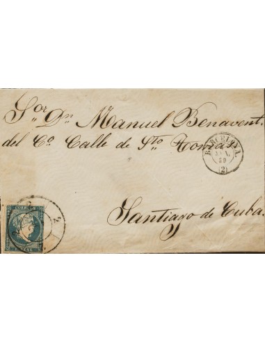 Cuba. Sobre 49. 1859. 1 real azul. BARCELONA a SANTIAGO DE CUBA. Matasello R.CARRETA Nº2. MAGNIFICA E INUSUAL DESTINO.