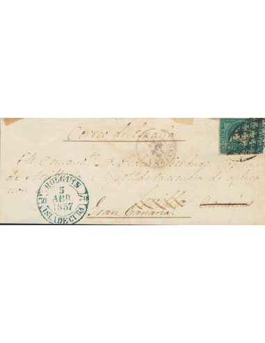 Cuba. Sobre . 1857. ½ real azul verdoso. HOLGUIN a SEVILLA, y reexpedida a LAS PALMAS DE GRAN CANARIA. Matasello PARRILLA COLO