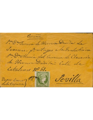 Cuba. Sobre . 1864. 1 real verde, borde de hoja. Dirigida a SEVILLA. Matasello PARRILLA, de guiones y manuscrito "Vapor Correo