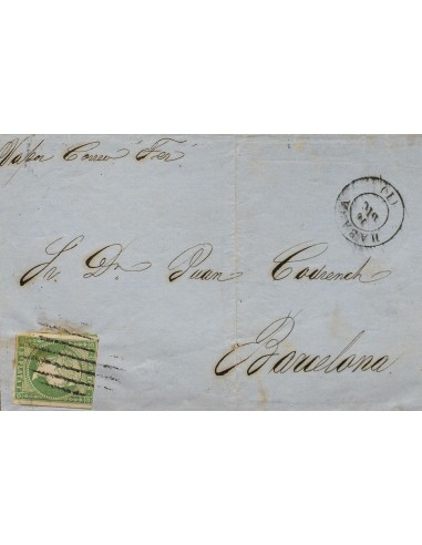 Cuba. Sobre . 1861. 1 real verde. LA HABANA a BARCELONA. Matasello REJILLA (de siete barras), en el frente manuscrito "Vapor C