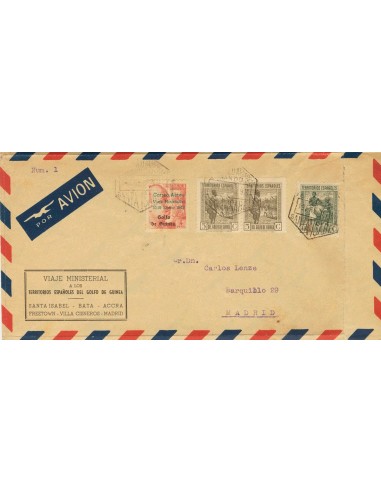 Guinea. Sobre 272A. 1948. 4 pts rosa, 5 cts gris castaño, dos sellos y 40 cts gris verdoso. SANTA ISABEL a MADRID. En el frent