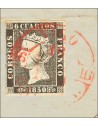 Galicia. Filatelia. Fragmento 1. 1850. 6 cuartos negro, sobre fragmento. Matasello VIGO / GALICIA. MAGNIFICO.